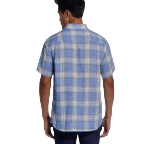 WEATHERPROOF NWT Mens Linen Blue Plaid Short Sleeve Button Down Shirt Preppy S - Picture 3 of 14